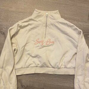 Cream Quarter Zip Embroidered Cropped Sweater